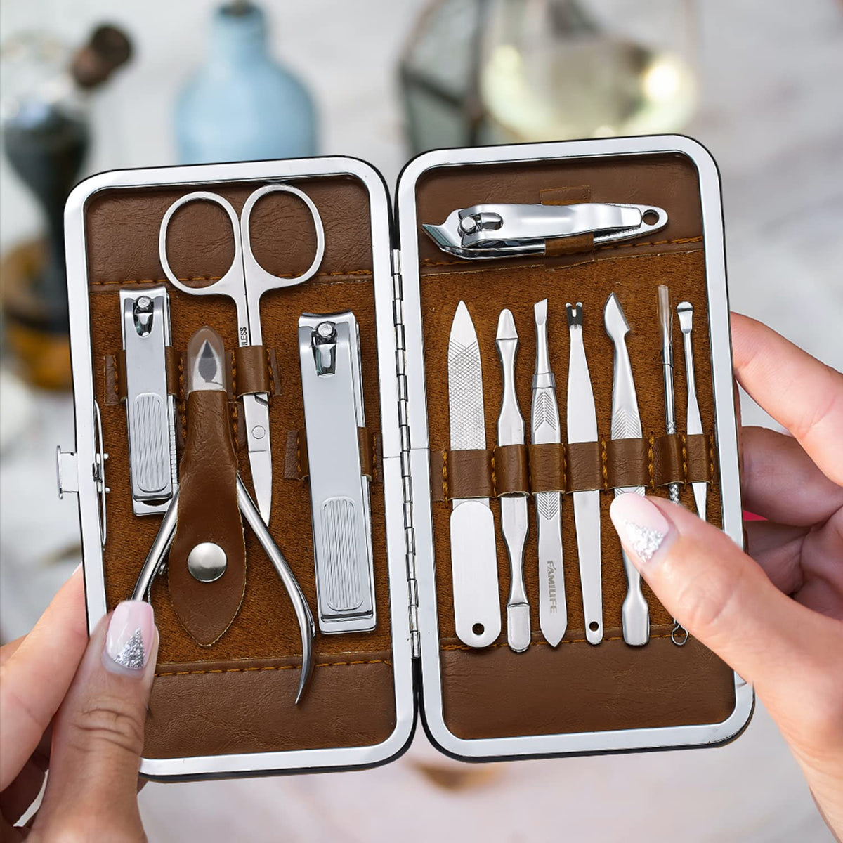 Manicure Set, Familife Manicure Kit Manicure Set Professional Nail Clippers  for Women Nail Grooming Kit Stainless Steel Pedicure Kit with Peacock Blue  Leather Travel Case Nail Kit Men and Women Gifts