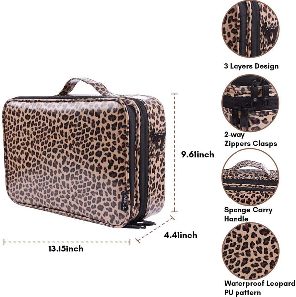 VASKER 3 Layers Large  Waterproof Portable Leopard Professional Travel Makeup Case