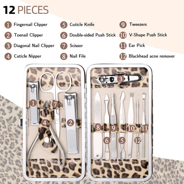 12Pcs Stainless Steel Manicure Kit with Leather Leopard Print Case