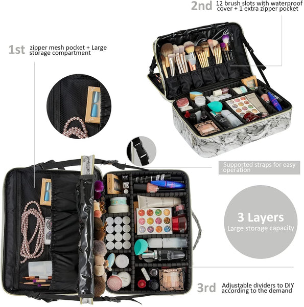 VASKER Extra Large 3 Layers Professional Marble Makeup Organizer Travel Bags Cosmetic Case