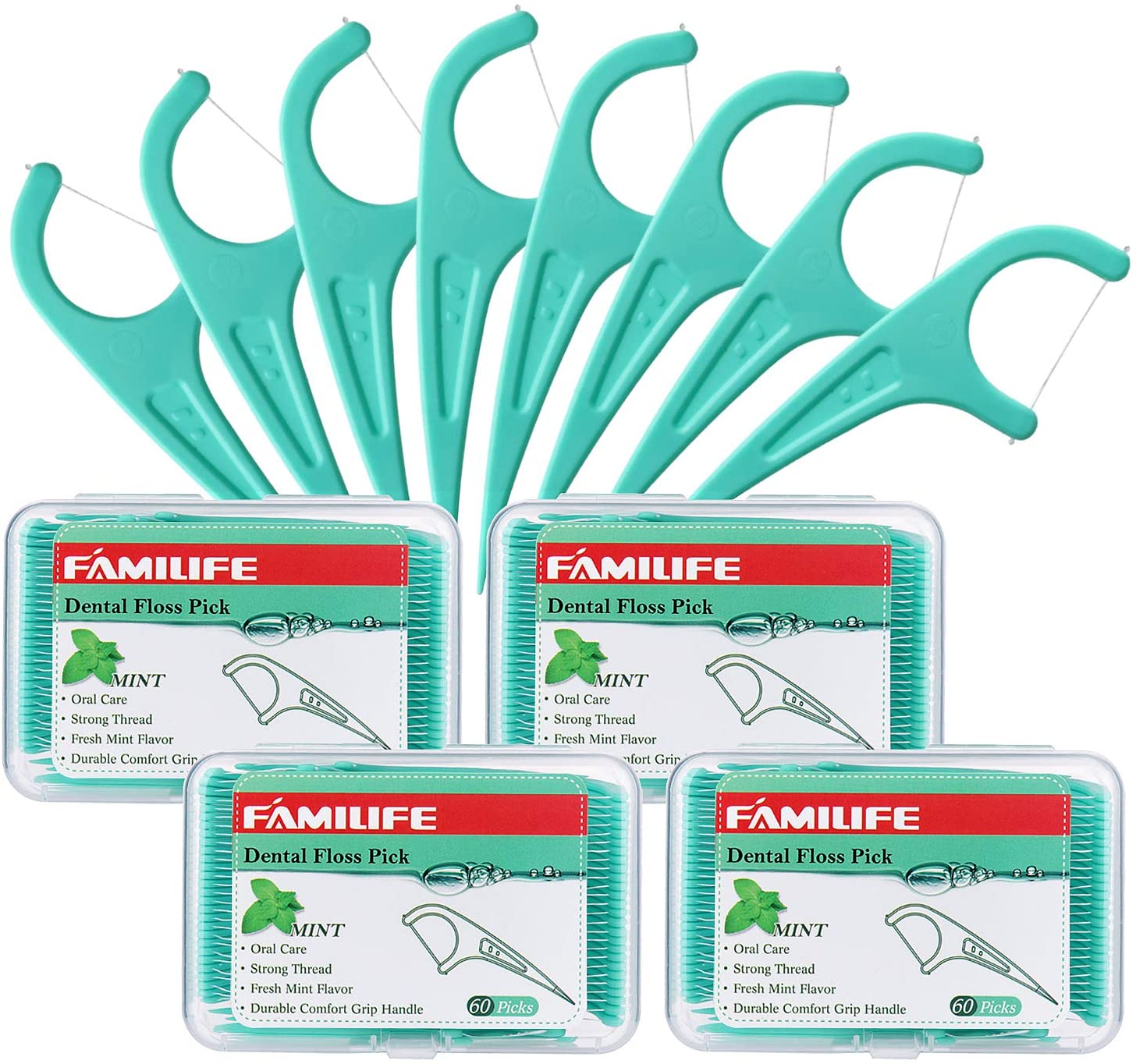 240 Count Mint Dental Floss Picks with 4 Travel Handy Cases