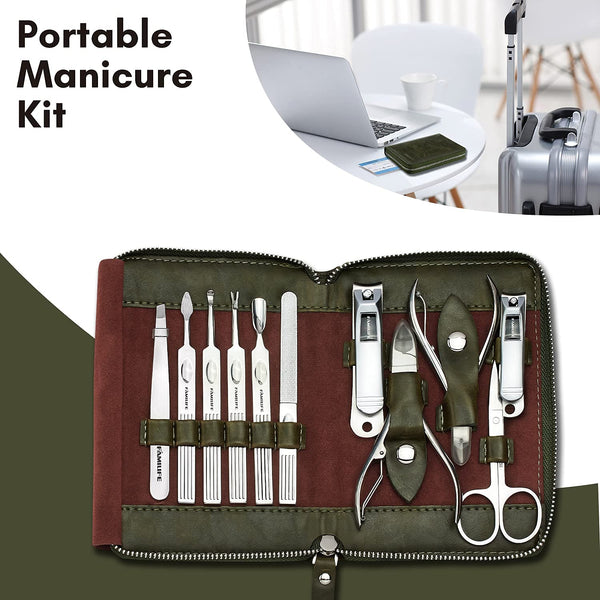 L23 11 in 1 Stainless Steel Manicure Kit Leather Pedicure Tools Kit Grooming Kit