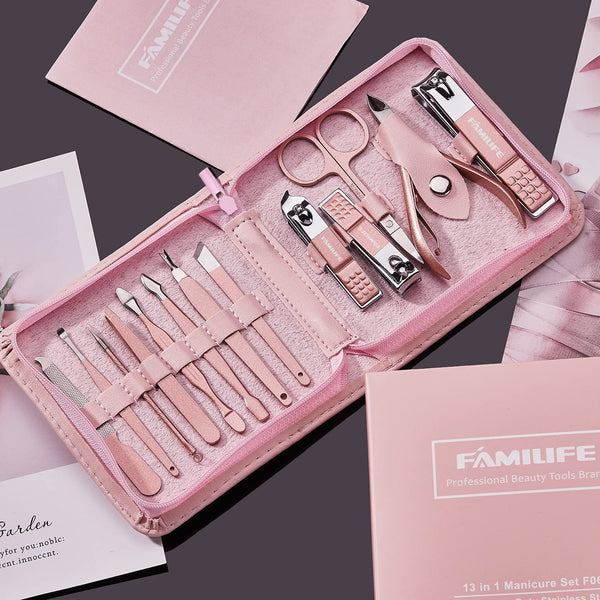 13Pcs F06 Stainless Steel Rose Gold Manicure Kit Portable Travel Nail Clipper Set