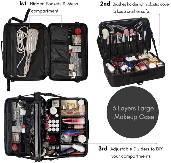 Extra Large Makeup Case Black 3 Layers Professional Cosmetic Bag